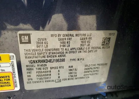 2014 Chevrolet Traverse Lt from USA, damaged, VIN 1GNKRHKD4EJ196398